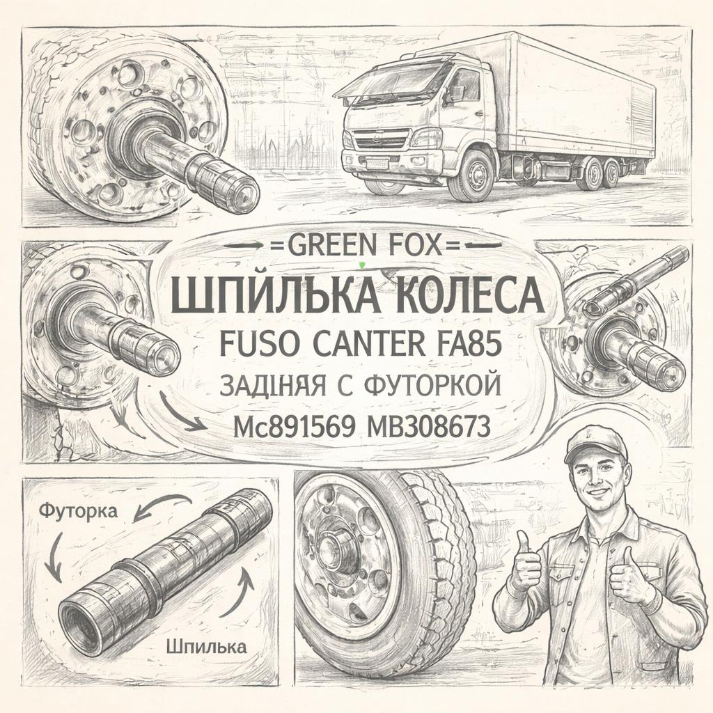 Шпилька колеса Fuso Canter FE85 задняя правая с футоркой =GREEN FOX= (MC891569 MB308673) фото в интернет-магазине РСТ-Моторс