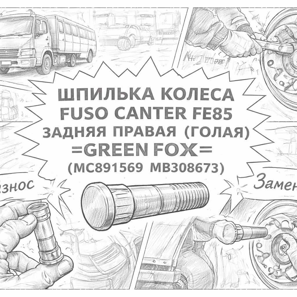 Шпилька колеса Fuso Canter FE85 задняя правая (голая) =GREEN FOX= (MC891569 MB308673) фото в интернет-магазине РСТ-Моторс