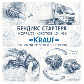 Бендикс стартера NQR71/75 (короткий 104 мм) =KRAUF= (8971797710 8982221000 SDH5303PN) фото в интернет-магазине РСТ-Моторс